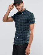 Asos Skinny Check Shirt In Khaki Flannel With Short Sleeves - Khaki