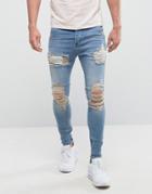 Siksilk Super Skinny Low Rise Jeans In Light Wash With Distressing - Blue