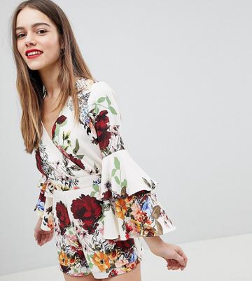 River Island Petite Frill Sleeve Romper - Cream