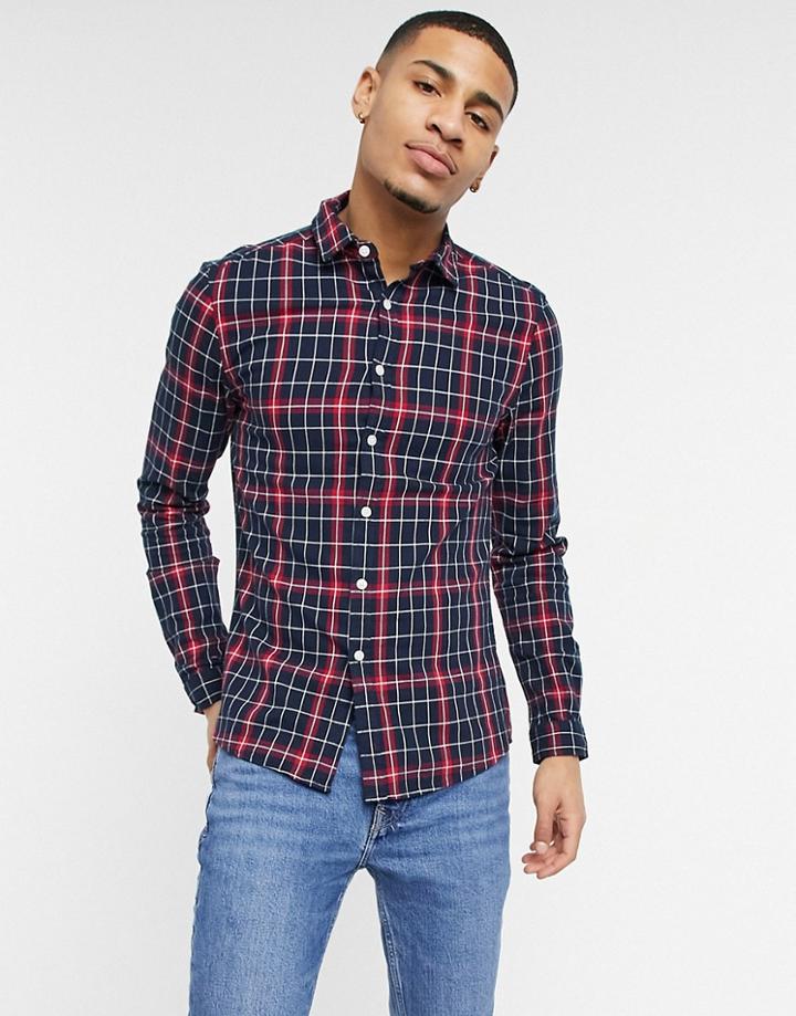 Asos Design Stretch Slim Plaid Shirt In Navy