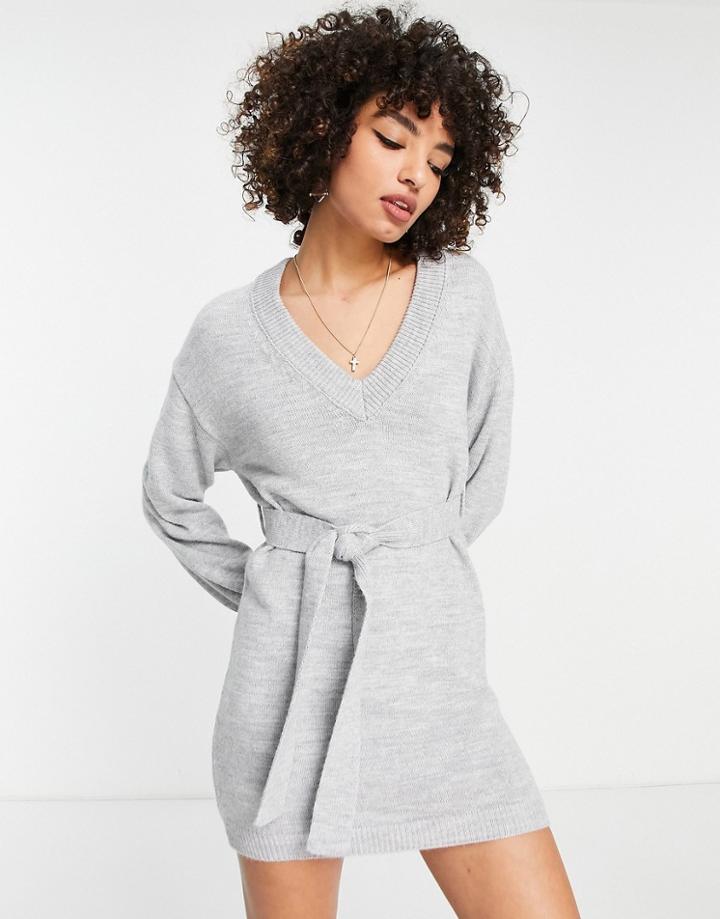 Asos Design Knitted Mini Dress With Tie Waist In Gray Heather