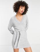 Asos Design Knitted Mini Dress With Tie Waist In Gray Heather