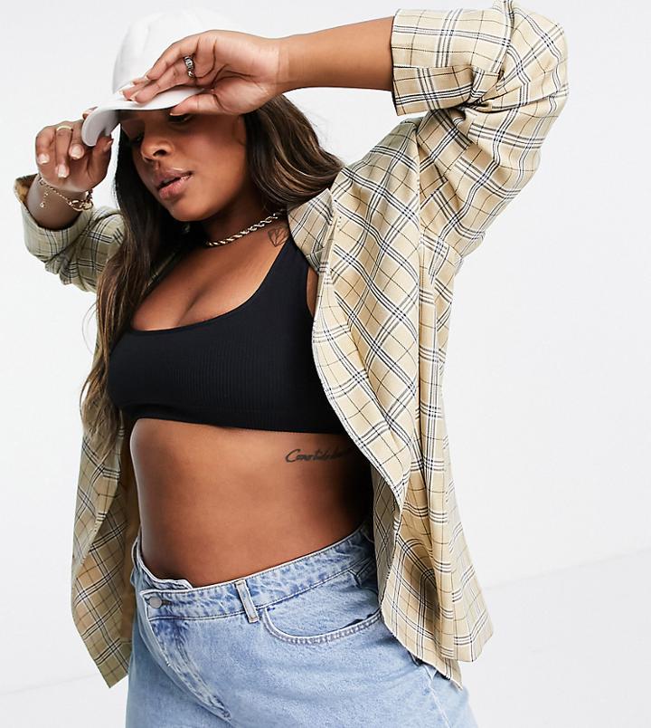 Urban Threads Plus Oversized Blazer In Check-brown