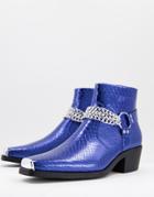 Asos Design Cuban Heel Western Chelsea Boots In Blue Patent With Silver Chain-blues