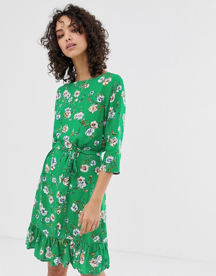 Only Tina Floral Print Frill Dress - Green