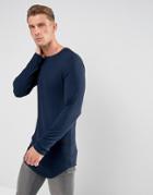 Asos Super Longline Muscle Long Sleeve Rib T-shirt With Curved Hem In Navy - Navy