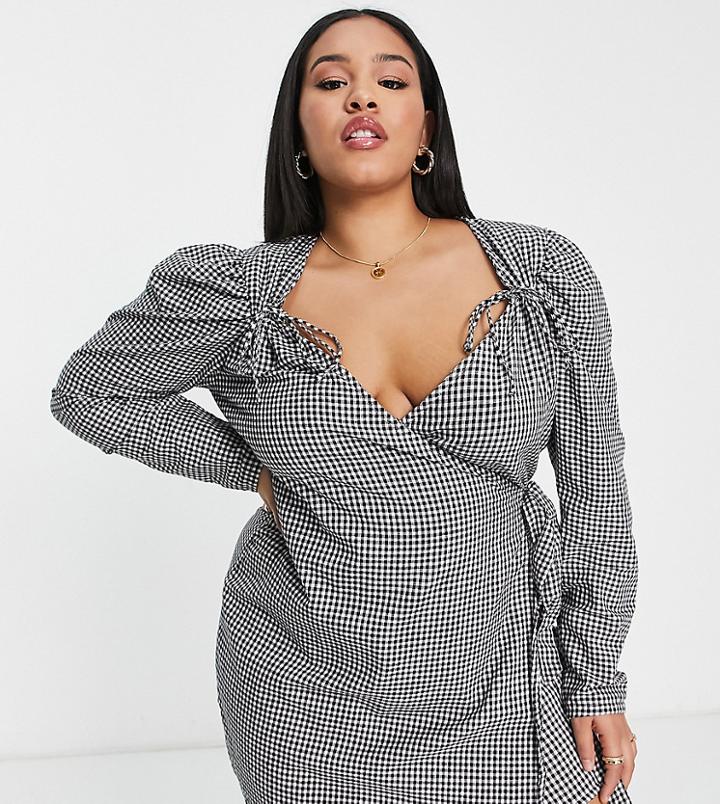 In The Style Plus X Perrie Sian Puff Shoulder Detail Asymmetric Tie Side Mini Dress In Gingham Print-multi