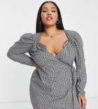 In The Style Plus X Perrie Sian Puff Shoulder Detail Asymmetric Tie Side Mini Dress In Gingham Print-multi
