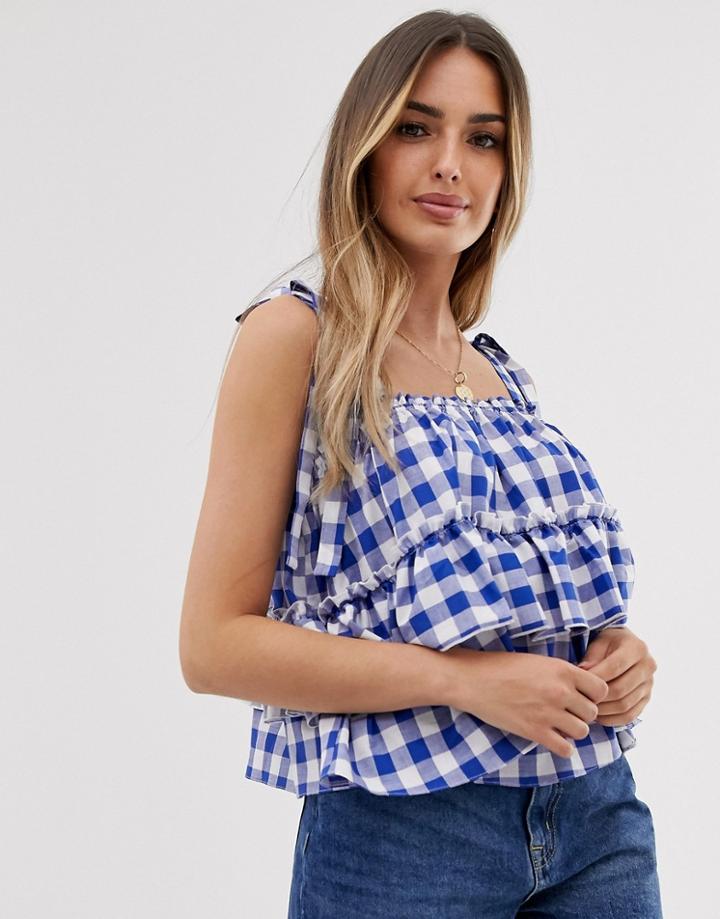Asos Design Gingham Tiered Sun Top-navy
