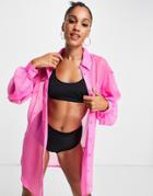 Asos Design Button Up Beach Shirt In Pink Pop
