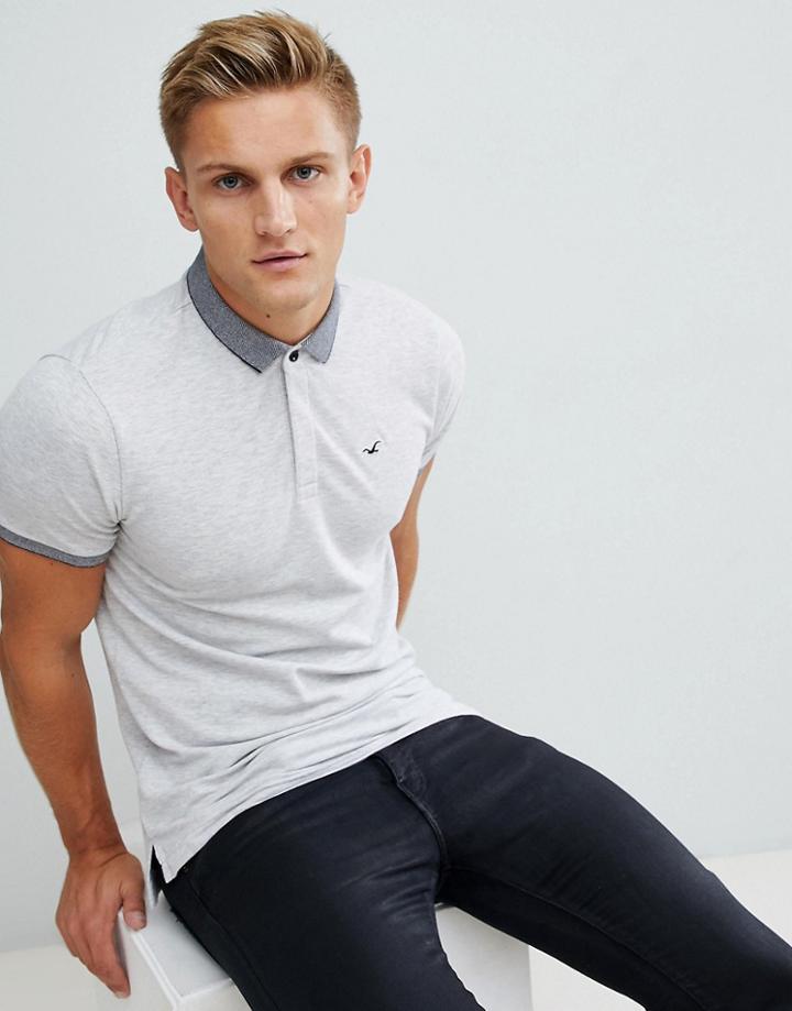 Hollister Modern Tonal Collar Icon Logo Pique Polo In Light Gray Marl - Gray