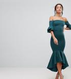 Asos Tall Premium Bardot Bodycon Pephem Midi Dress - Green