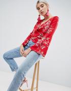 Boohoo Floral Tie Side Wrap Blouse - Red