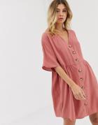 Asos Design V Neck Button Through Mini Smock Dress - Pink