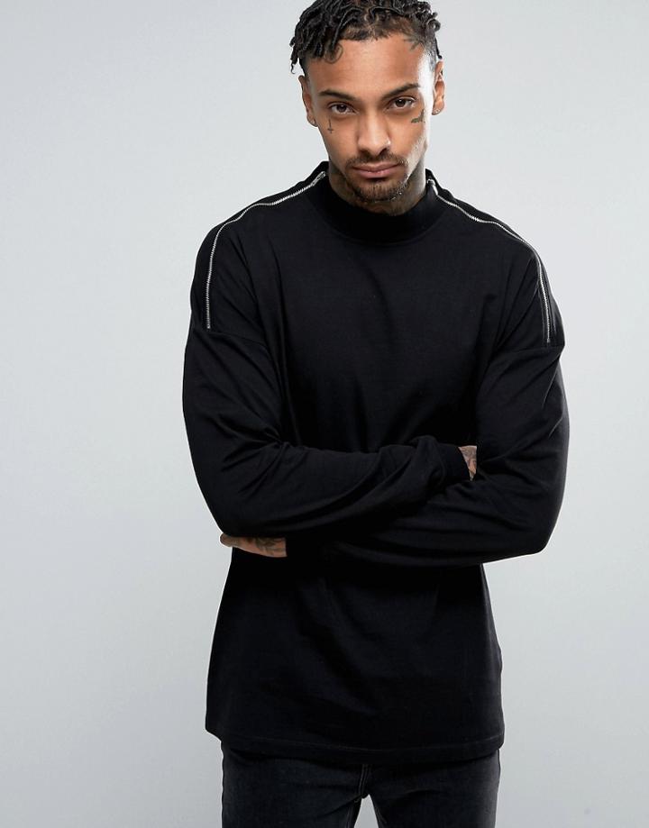 Asos Oversized Long Sleeve T-shirt In Black With Turtleneck And Zip Shoulders - Black
