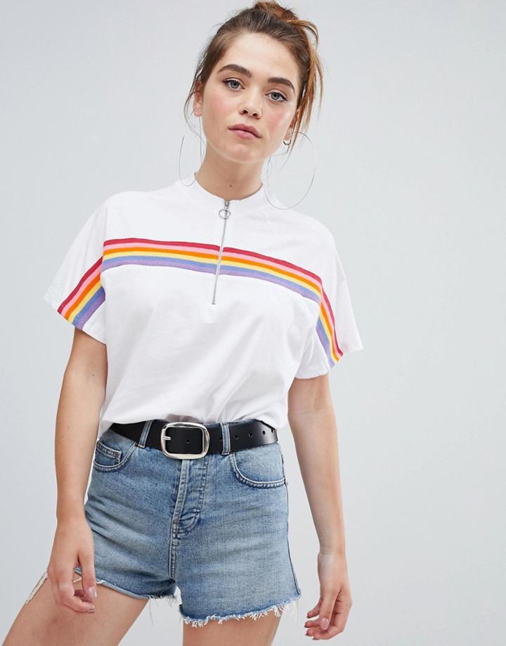 Bershka Stripe Zip Up Top - White
