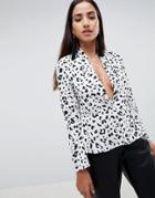 Asos Design Waisted Plunge Top In Mono Leopard Print-multi
