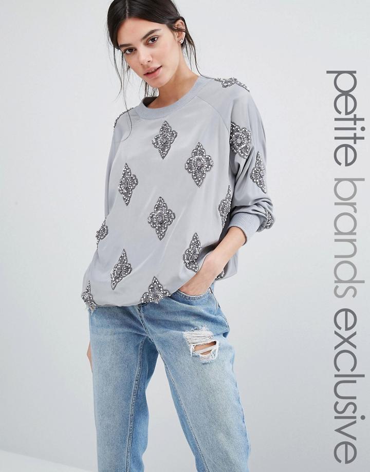 Starry Eyed Petite Beaded Satin Sweatshirt - Gray