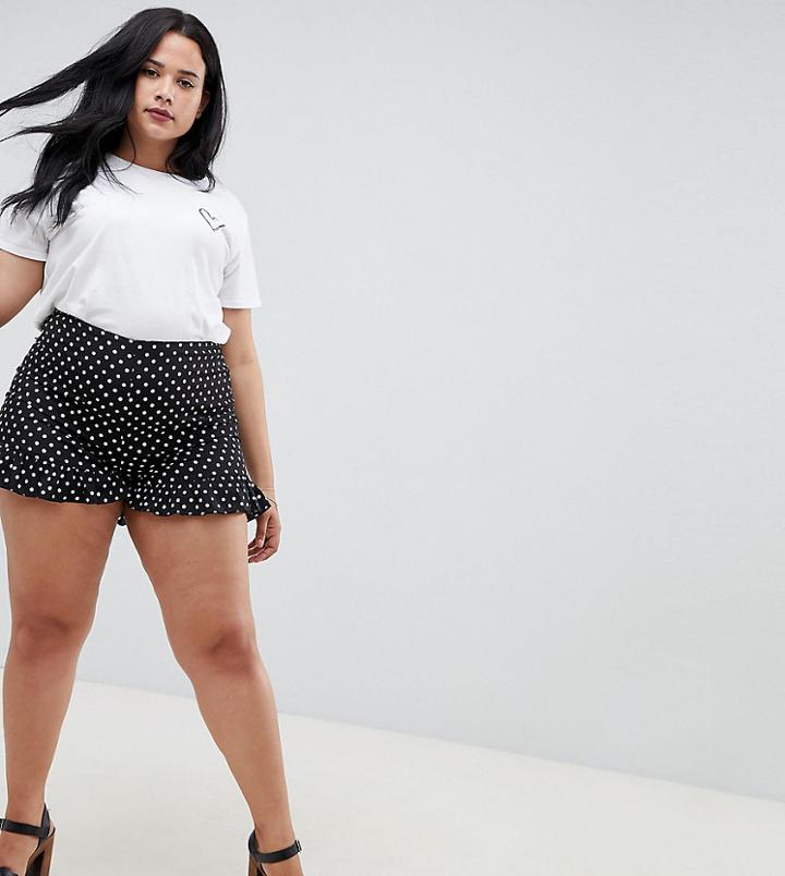Influence Plus Polka Dot Frill Hem Shorts - Black