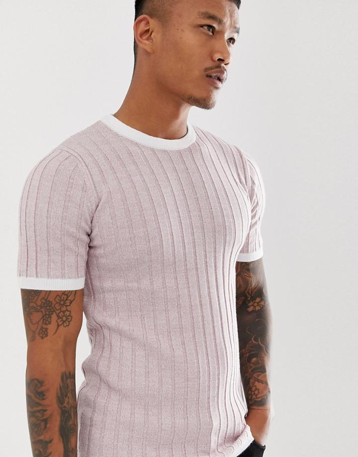 Asos Design Knitted Muscle Fit Ribbed T-shirt In Pink Twist