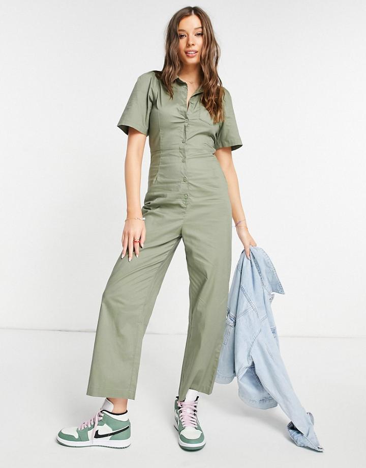 Monki Samantha Cotton Button Up Puff Sleeve Jumpsuit In Green