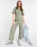 Monki Samantha Cotton Button Up Puff Sleeve Jumpsuit In Green