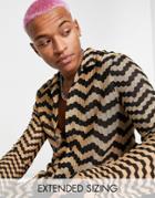 Asos Design Regular Deep Revere Shirt In Stripe Crochet-black