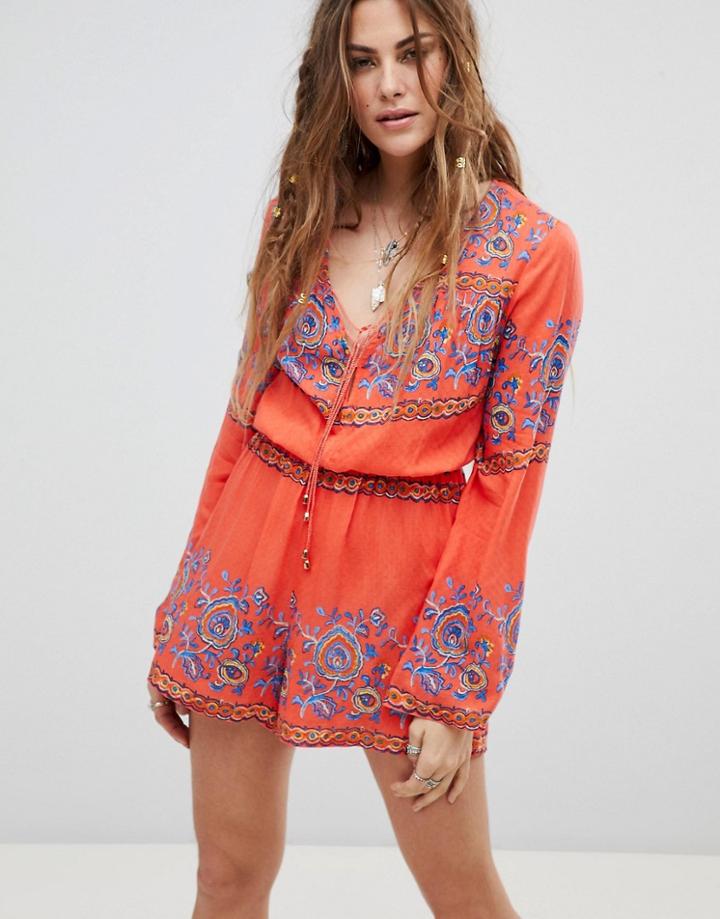 En Creme Romper In Bold Tile Print - Red
