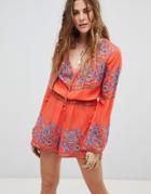 En Creme Romper In Bold Tile Print - Red