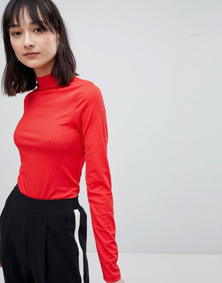 Pieces Ribbed High Neck Sweater - Red