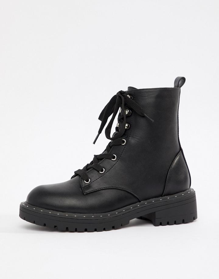Truffle Collection Chunky Lace Up Ankle Boots-black