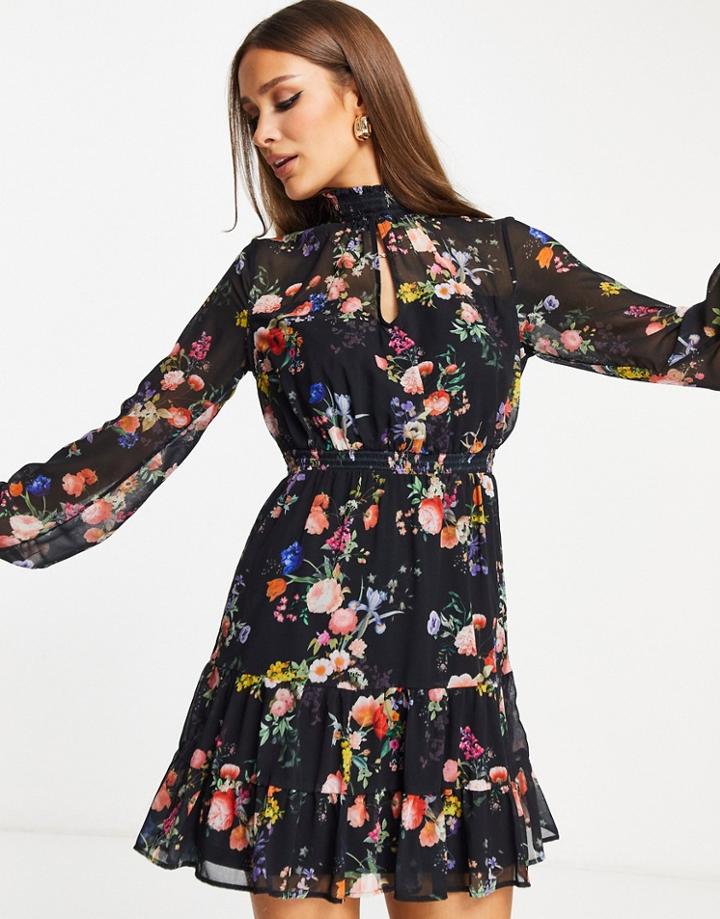 Lipsy Long Sleeve Mini Dress In Floral-black