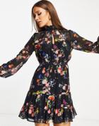 Lipsy Long Sleeve Mini Dress In Floral-black