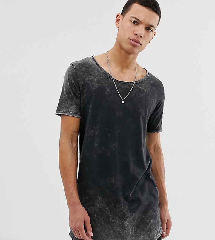 Asos Design Tall Relaxed Super Longline T-shirt With Scoop Neck And Curved Hem In Acid Wash - Black