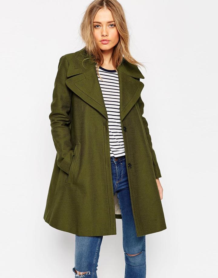 Asos Trapeze Coat With Oversized Collar - Khaki
