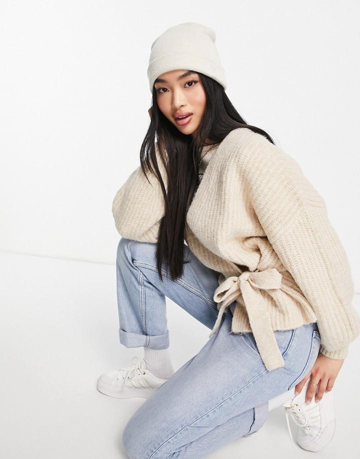 Asos Design Wrap Cardigan With Tie In Oatmeal-neutral