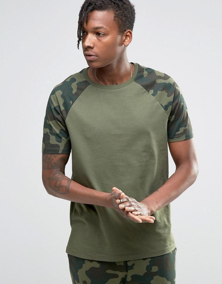 Asos Loungewear T-shirt With Camo Print Sleeves - Green