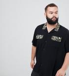 Asos Design Plus Regular Fit Viscose Shirt With Leopard Revere Collar - Black
