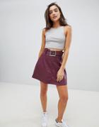 Asos Design Leather Look Mini Skater Skirt With Belt Detail-red