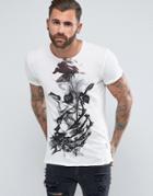 Religion T-shirt With Skeleton Hand And Rose - White