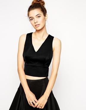 Asos Premium Bonded Satin Plunge Neck Shell - Black