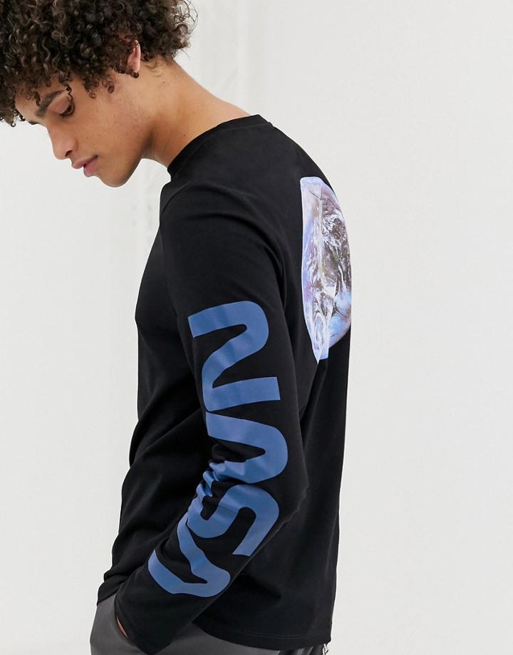 Asos Design Nasa Long Sleeve T-shirt With Sleeve And Back Print - Black