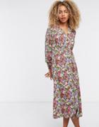 Only Midi Tea Dress With Button Front In Pink Floral-multi