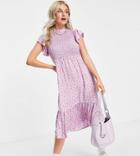 Y.a.s Petite High Neck Flutter Sleeve Midi Dress In Lilac Floral-multi