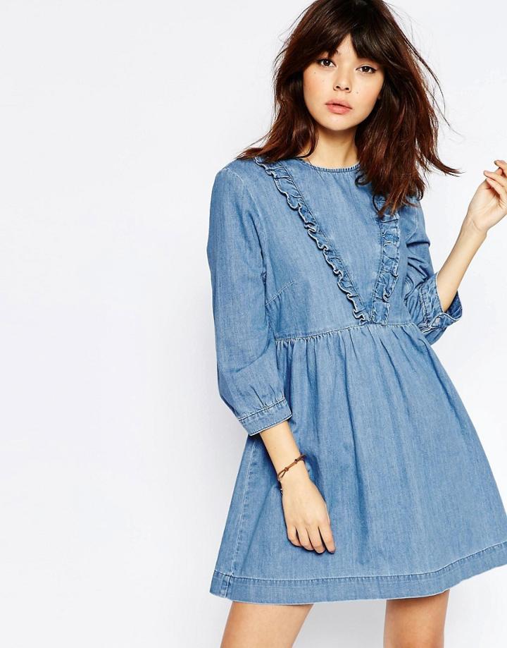 Asos Denim Smock Dress With Ruffle Detail In Mid Blue - Mid Stonewash