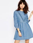 Asos Denim Smock Dress With Ruffle Detail In Mid Blue - Mid Stonewash