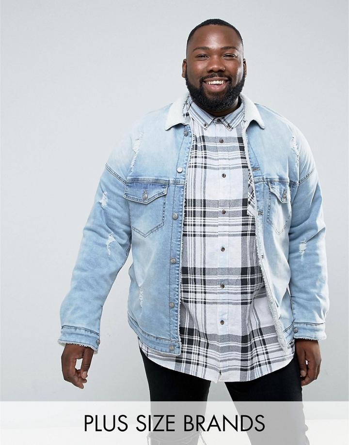 Sixth June Plus Denim Jacket Fleece Lining And Collar - Blue