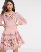 Asos Design Embroidered Mini Skater Dress With Lace Trims And Puff Sleeves In Soft Pink
