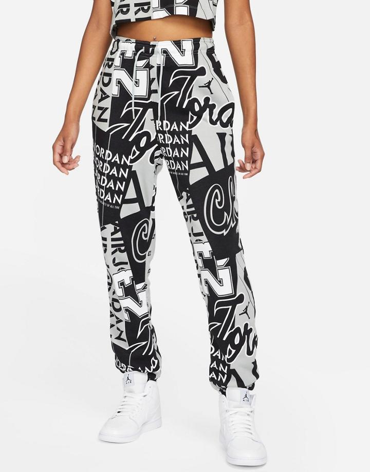 Nike Jordan Plus Core Essentials All Over Print Cuffed Fleece Sweatpants In Gray Heather/black