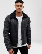 Blend Aviator Jacket In Faux Leather With Fleece Collar - Black